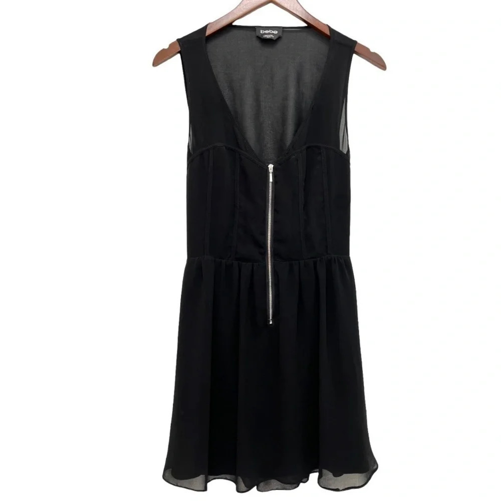 BEBE Fit and Flared Sleeveless Black Dress Open Back Cut Out Date Night Size XS